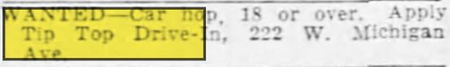 Tip-Top Drive-In - June 1956 Carhops Needed For Albion